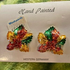 Vintage West Germany New Maple Sycamore Leaf Enamel clip-On Earrings